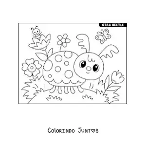 Desenho para colorir de um besouro-veado animado em um jardim com flores