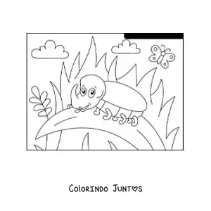 Desenho para colorir de um besouro-rinoceronte animado em um jardim