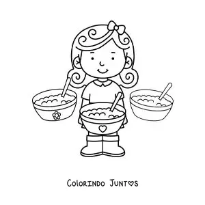 Desenho para colorir de Cachinhos Dourados e os pratos de mingau dos três ursos