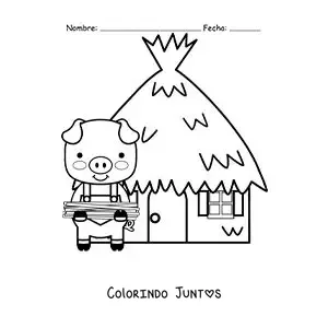 Desenho para colorir de um dos três porquinhos com sua casa de palha