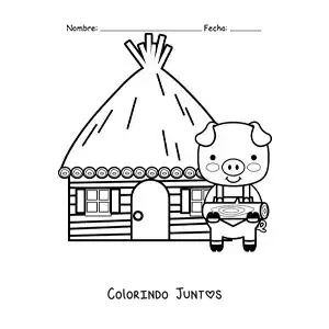 Desenho para colorir de um dos três porquinhos com sua casa de madeira