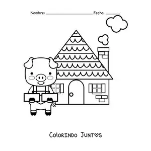 Desenho para colorir de um dos três porquinhos com sua casa de tijolos