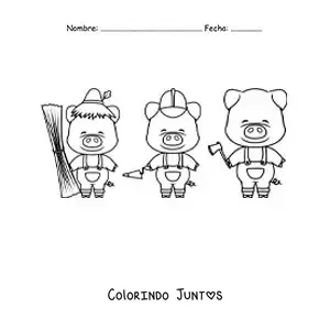 Desenho para colorir dos três porquinhos construindo suas casas