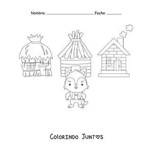 Desenho para colorir do lobo mau derrubando as casas dos três porquinhos