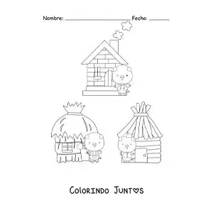 Desenho para colorir dos três porquinhos e suas casas