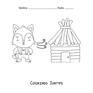 Desenho para colorir do lobo mau soprando e derrubando a casa de madeira