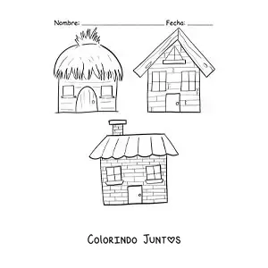Desenho para colorir das casas dos três porquinhos