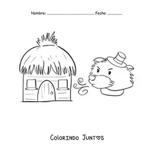Desenho para colorir do lobo mau soprando e derrubando a casa de palha