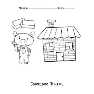 Desenho para colorir de um dos três porquinhos construindo sua casa de tijolos