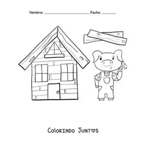 Desenho para colorir de um dos três porquinhos construindo sua casa de madeira