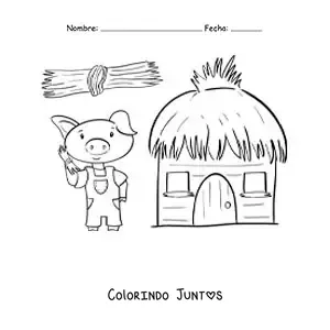Desenho para colorir de um dos três porquinhos construindo sua casa de palha