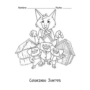 Desenho para colorir do lobo mau pronto para derrubar as casas dos três porquinhos