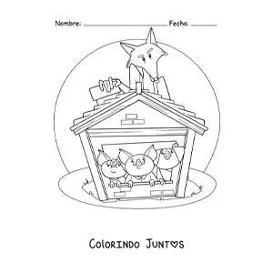 Desenho para colorir dos três porquinhos escondidos do lobo na casa de tijolos