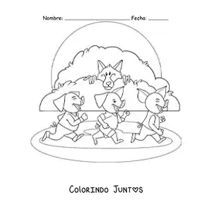 Desenho para colorir do lobo mau perseguindo os três porquinhos do conto