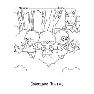 Desenho para colorir do lobo mau espreitando os três porquinhos na floresta