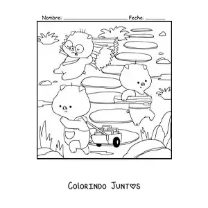 Desenho para colorir dos três porquinhos kawaii animados construindo suas casas