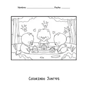 Desenho para colorir dos 3 porquinhos kawaii construindo suas casas na floresta