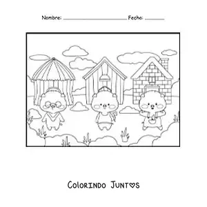 Desenho para colorir dos três porquinhos animados e suas casas