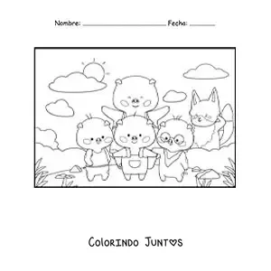 Desenho para colorir da família dos três porquinhos e o lobo