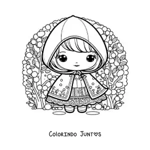 Desenho para colorir de Chapeuzinho Vermelho kawaii na floresta