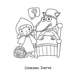 Desenho para colorir de Chapeuzinho Vermelho animada com o lobo disfarçado de vovó
