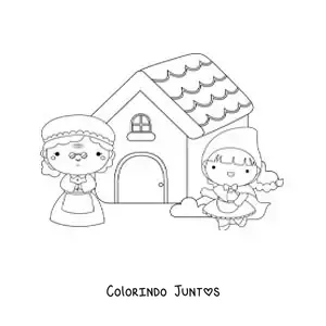 Desenho para colorir de Chapeuzinho Vermelho animada na casa da vovó