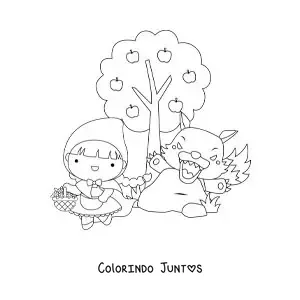 Desenho para colorir de Chapeuzinho Vermelho e o lobo mau na floresta