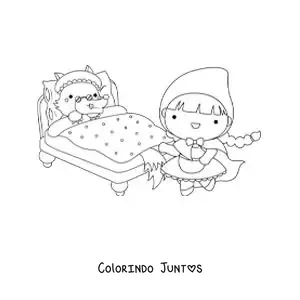 Desenho para colorir de Chapeuzinho Vermelho e o lobo mau disfarçado de vovó