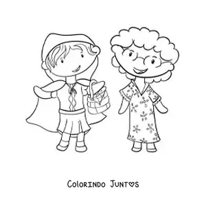 Desenho para colorir de Chapeuzinho Vermelho levando flores para a vovó