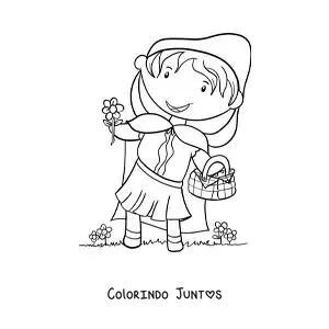 Desenho para colorir de Chapeuzinho Vermelho colhendo flores numa cesta