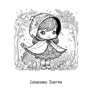 Desenho para colorir de Chapeuzinho Vermelho animada kawaii na floresta
