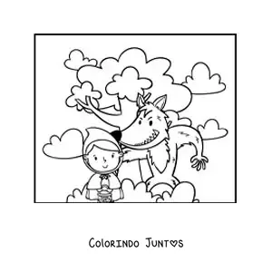 Desenho para colorir de Chapeuzinho animada e o lobo na floresta
