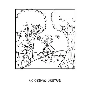 Desenho para colorir do lobo mau perseguindo Chapeuzinho Vermelho na floresta