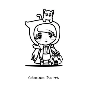 Desenho para colorir de fantasia de Chapeuzinho Vermelho kawaii de Halloween