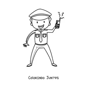 Desenho para colorir de um policial animado segurando um radio