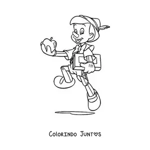 Desenho para colorir de Pinóquio com um livro e uma maçã