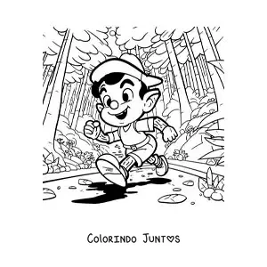 Desenho para colorir de Pinóquio na floresta
