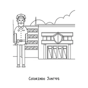 Desenho para colorir de um policial em frente a delegacia