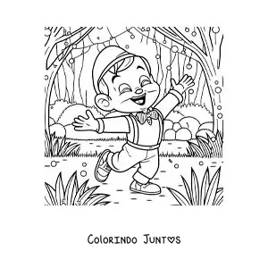 Desenho para colorir de Pinóquio alegre na floresta