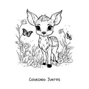 Desenho para colorir de Bambi kawaii com borboletas