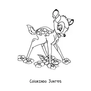 Desenho para colorir de Bambi animado aprendendo a andar entre as flores