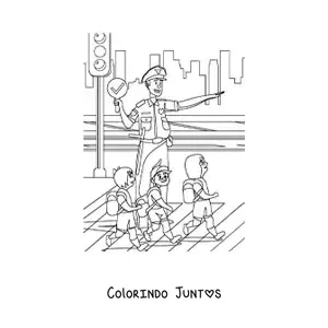 Desenho para colorir de um policial de transito ajudando criancas a atravessar a rua