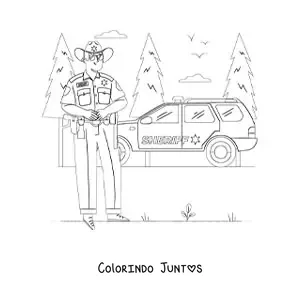 Desenho para colorir de um xerife junto a uma viatura