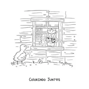 Desenho para colorir do Patinho Feio olhando pela janela