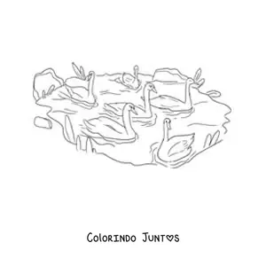 Desenho para colorir do Patinho Feio nadando com os cisnes