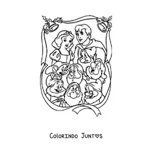 Desenho para colorir de Branca de Neve com o príncipe e os sete anões