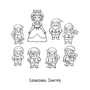 Desenho para colorir de Branca de Neve animada com os 7 anões