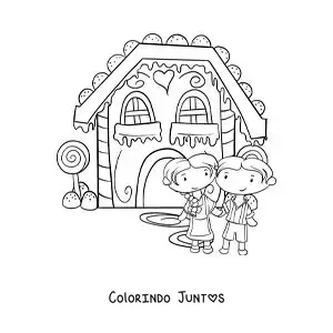 Desenho para colorir de João e Maria na casa de doces