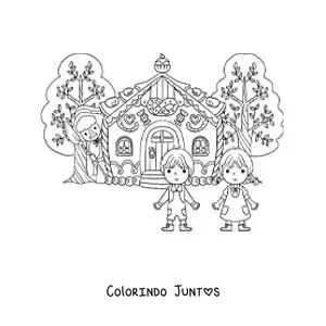 Desenho para colorir de João e Maria na casa da bruxa