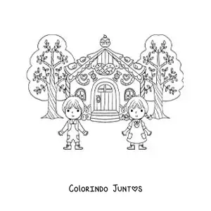Desenho para colorir de João e Maria animados na casa de doces
